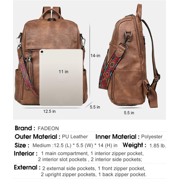 Women’s Leather PU Travel Backpack Purse with Tassel - Brown main image 4